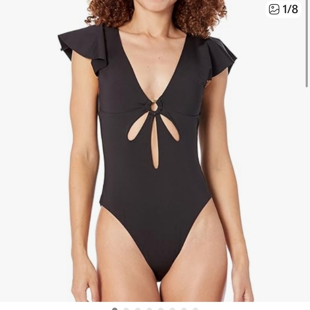 Elegant Black Trina Turk One Piece Swimsuit with gold hardware